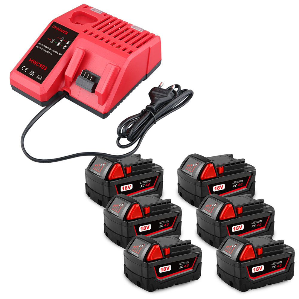 For Milwaukee 18V 4.0Ah XC LITHIUM Replacement Battery 6 Pack With Rapid Charger For Milwaukee M18 & M12 Battery