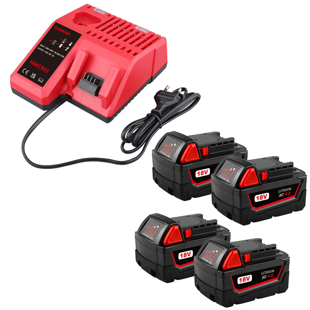 For Milwaukee 18V 4.0Ah XC LITHIUM Replacement Battery 4 Pack With Rapid Charger For Milwaukee M18 & M12 Battery