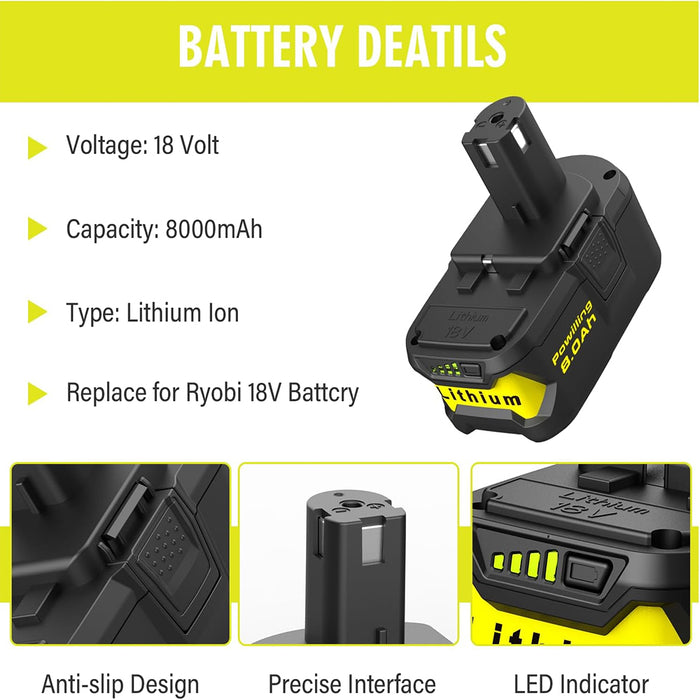 8.0Ah For Ryobi 18V P108 Battery replacement | High Capacity Li-ion Battery