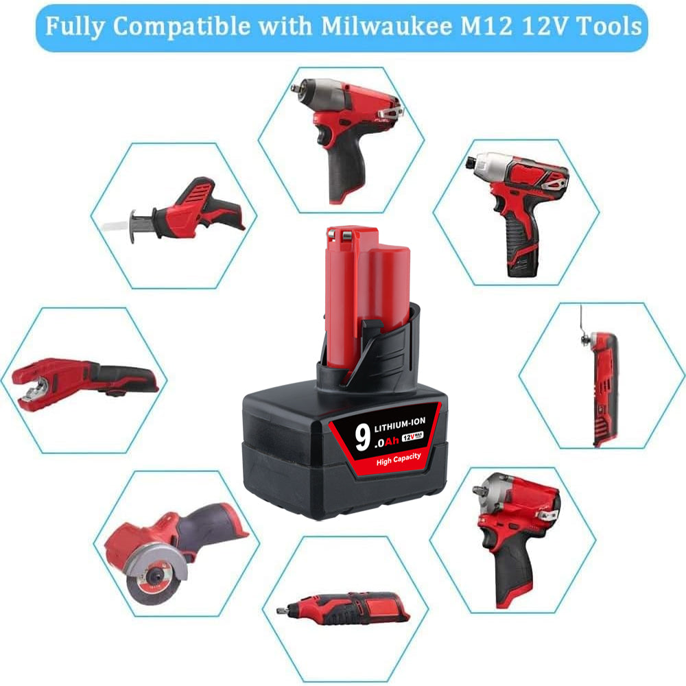 4 Pack 12V 9.0Ah For Milwaukee M12 Li-ion Replacement Battery