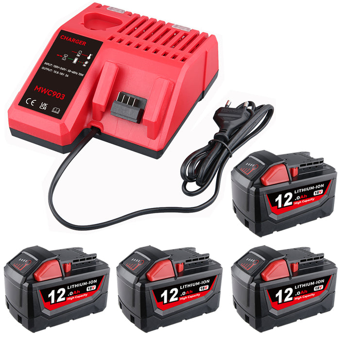 For Milwaukee 18V 12.0Ah XC LITHIUM Replacement Battery 4 Pack With Rapid Charger For Milwaukee M18 & M12 Battery