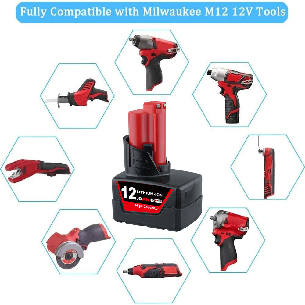 4 Pack 12V 12.0Ah For Milwaukee M12 Li-ion Replacement Battery