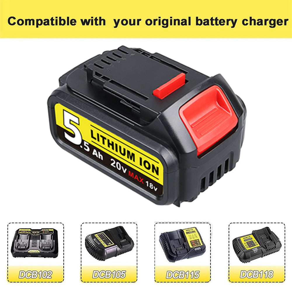 For DeWalt 20V MAX Battery | DCB200 5.5Ah LI-ION Battery 2 Pack with DCB112 Charger For DeWalt 20V Battery Charger | Replace DCB112 DCB107 DCB105