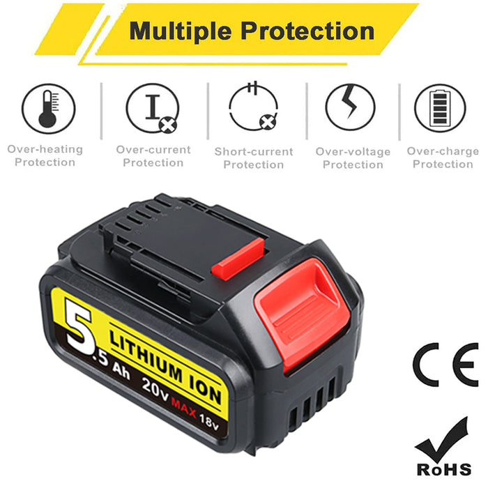 For DeWalt 20V MAX Battery | DCB200 5.5Ah LI-ION Battery 2 Pack with DCB112 Charger For DeWalt 20V Battery Charger | Replace DCB112 DCB107 DCB105