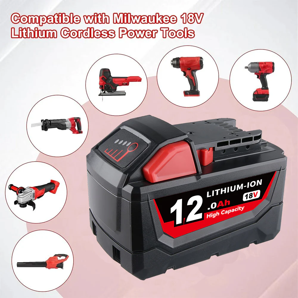 For Milwaukee 18V 12.0Ah XC LITHIUM Replacement Battery 2 Pack With Rapid Charger For Milwaukee M18 & M12 Battery