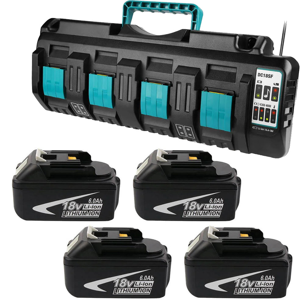 4 Pack For 18V 6Ah Makita BL1860 battery replacement & 4-port 18V Li-ion charger DC18SF For 14.4V-18V battery