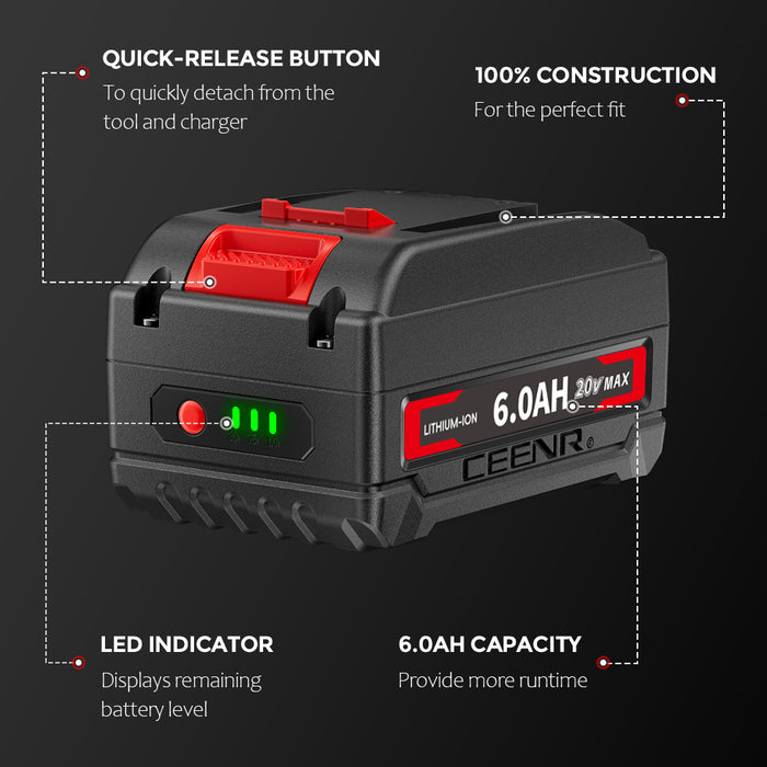 Ceenr 6.0Ah Battery For Worx 18V(20V Max) | Model WA3520, with LG Battery Cell (INR18650HG2)