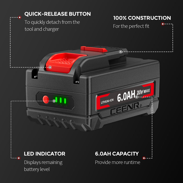 Ceenr 6.0Ah Battery For Worx 18V(20V Max) | Model WA3408, with LG Battery Cell (INR18650HG2)