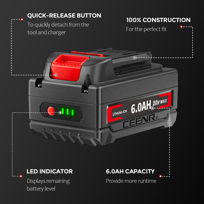 Ceenr 6.0Ah Battery For Worx 18V(20V Max) 2 Pack | Model WA3551, with LG Battery Cell (INR18650HG2)