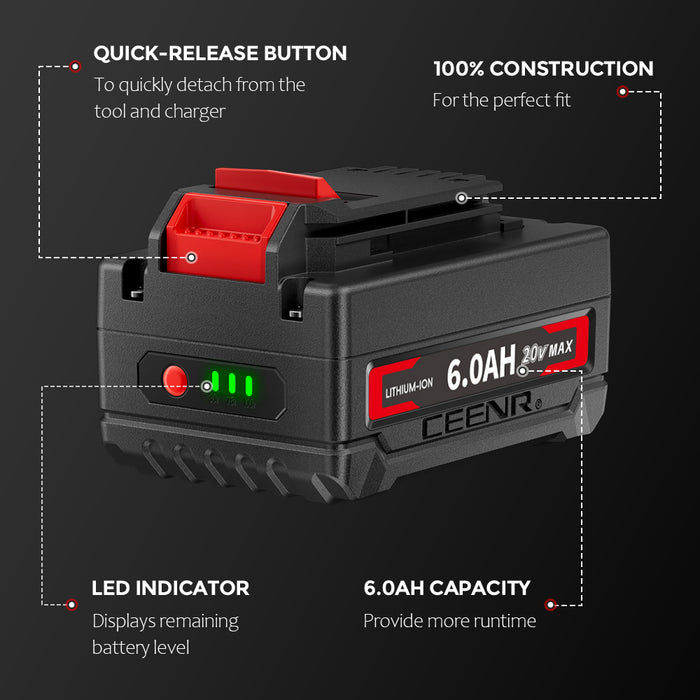 Ceenr 6.0Ah Battery For Porter Cable 18V(20V Max) | Replacement Model PCC685, with LG Battery Cell (INR18650HG2)