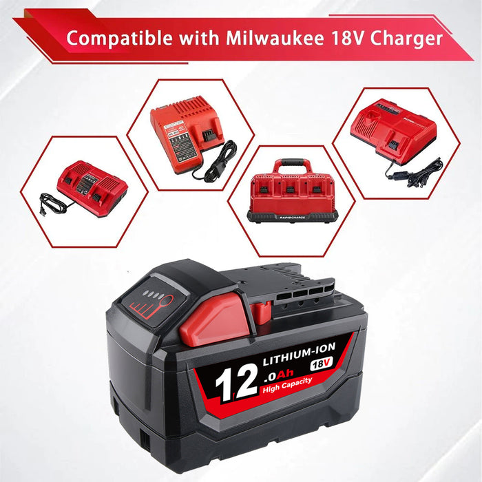 12.0Ah For Milwaukee 18V Battery Replacement 48-11-1811 | M18 Li-ion Battery