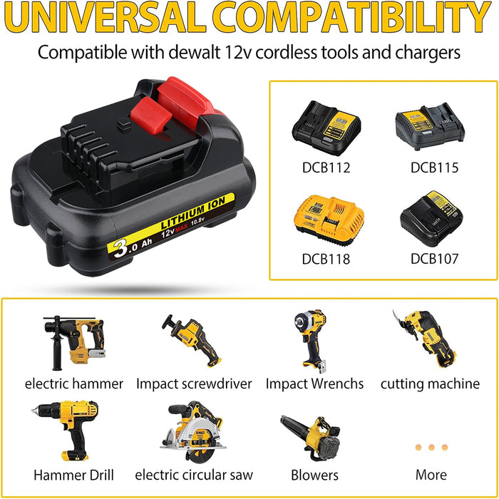 For Dewalt 12V Battery Replacement |  DCB120 DCB123 DCB127 3.0Ah Li-ion Battery 2 Pack