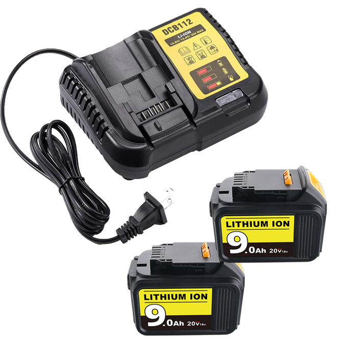 For DeWalt 20V MAX Battery | DCB200 9.0AH LI-ION Battery 2 Pack with DCB112 Charger For DeWalt 20V Battery Charger | Replace DCB112 DCB107 DCB105