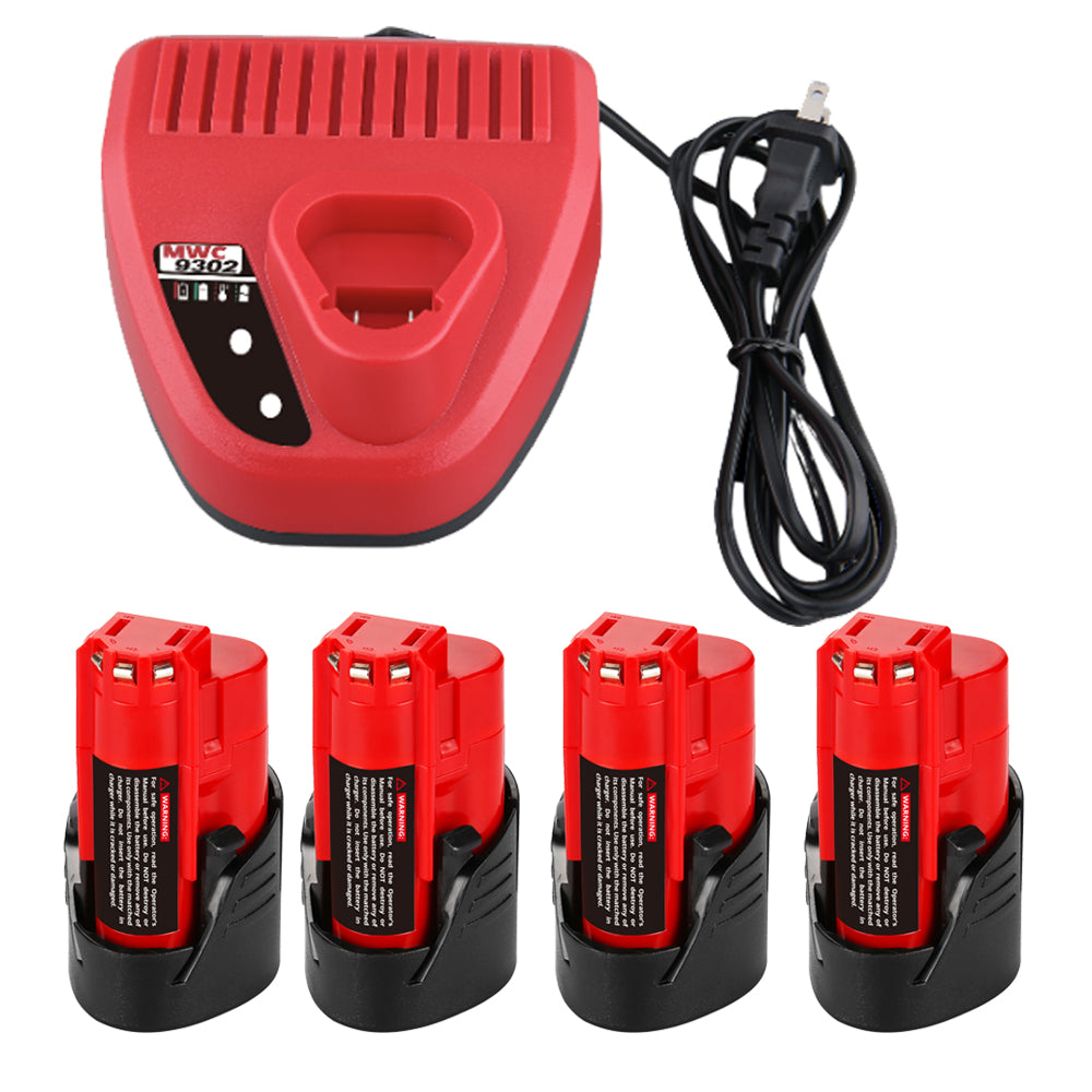 4 Pack For Milwaukee M12 12V 3.5Ah Battery Replacement + M12 Charger Replacement | 12V Rapid Charger