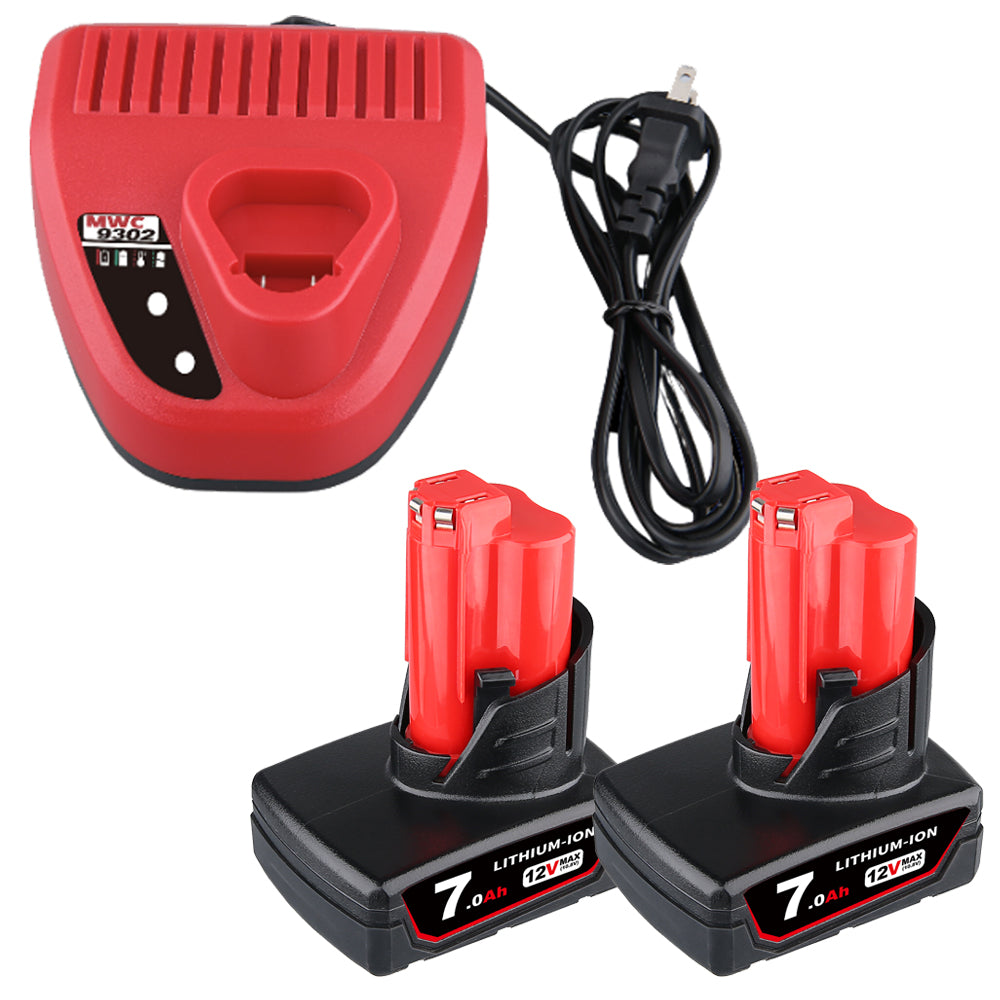 2 Pack For Milwaukee M12 12V 7.0Ah Li-ion Battery +  M12 Charger Replacement | 12V Rapid Charger