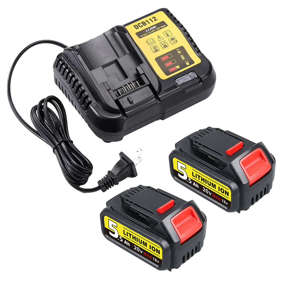 For DeWalt 20V MAX Battery | DCB200 5.5Ah LI-ION Battery 2 Pack with DCB112 Charger For DeWalt 20V Battery Charger | Replace DCB112 DCB107 DCB105