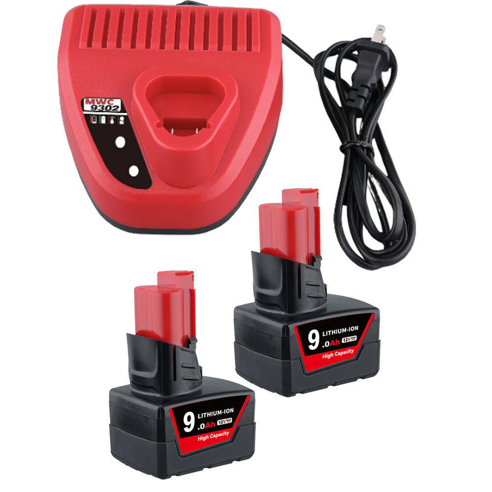 2 Pack For Milwaukee M12  12V 9.0Ah Li-ion Battery + For Milwaukee Battery Charger | M12 12V Rapid Replacement Charger | clearance