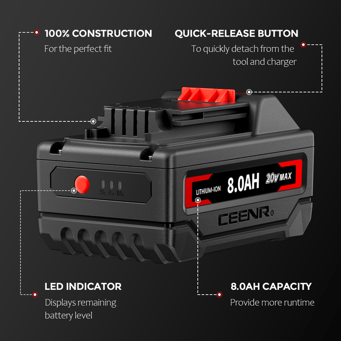 Ceenr 8.0Ah Battery For Black and Decker 20V Max 4 Pack | Replacement Model LBXR20, with Lishen 21700 Battery Cell (LR2170LA)