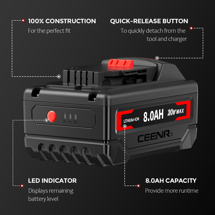 Ceenr 8.0Ah Battery For DeWalt 18V(20V Max) 4 Pack | Replacement Model DCB200, with Lishen 21700 Battery Cell (LR2170LA)