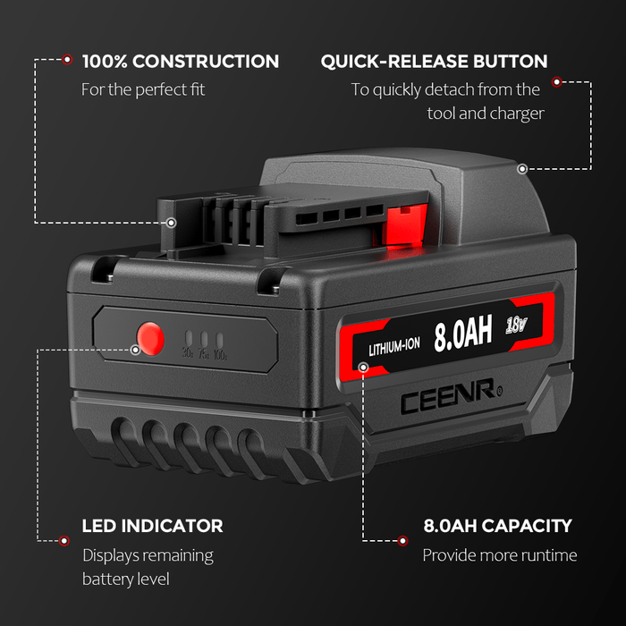 Ceenr 8.0Ah Battery For Milwaukee 18V | Replacement Model M 18, with Lishen 21700 Battery Cell (LR2170LA)