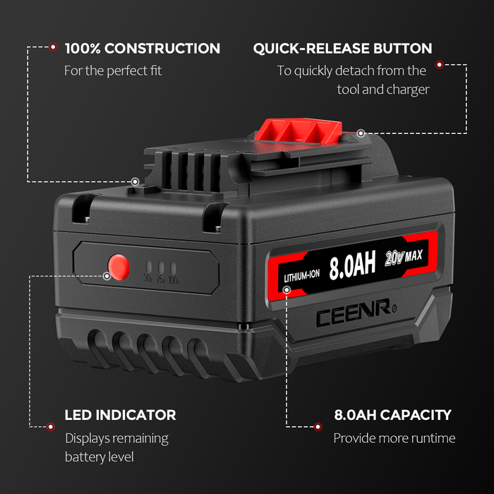 Ceenr 8.0Ah Battery For Porter Cable 20V Max 4 Pack | Replacement Model PCC685, with Lishen 21700 Battery Cell (LR2170LA)