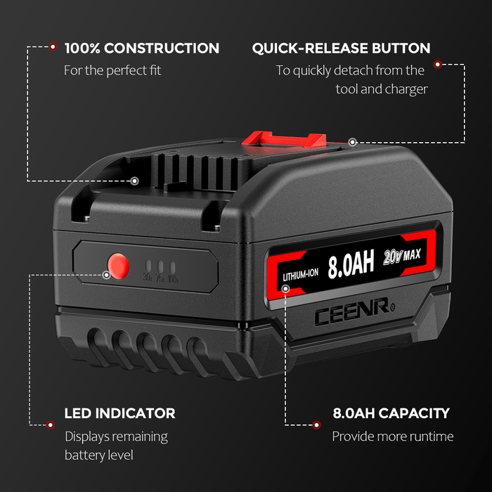 Ceenr 8.0Ah Battery For Worx 20V Max 2 Pack | Model WA3520, with Lishen 21700 Battery Cell (LR2170LA)