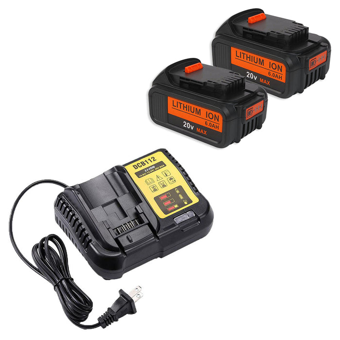 For DeWalt 20V MAX Battery | DCB200 6.0Ah LI-ION Battery 2 Pack with DCB112 Charger For DeWalt 20V Battery Charger | Replace DCB112 DCB107 DCB105