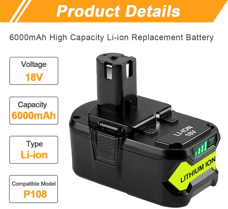 For Ryobi 18V Battery Replacement 6.0Ah | P108 Ryobi Drill Battery