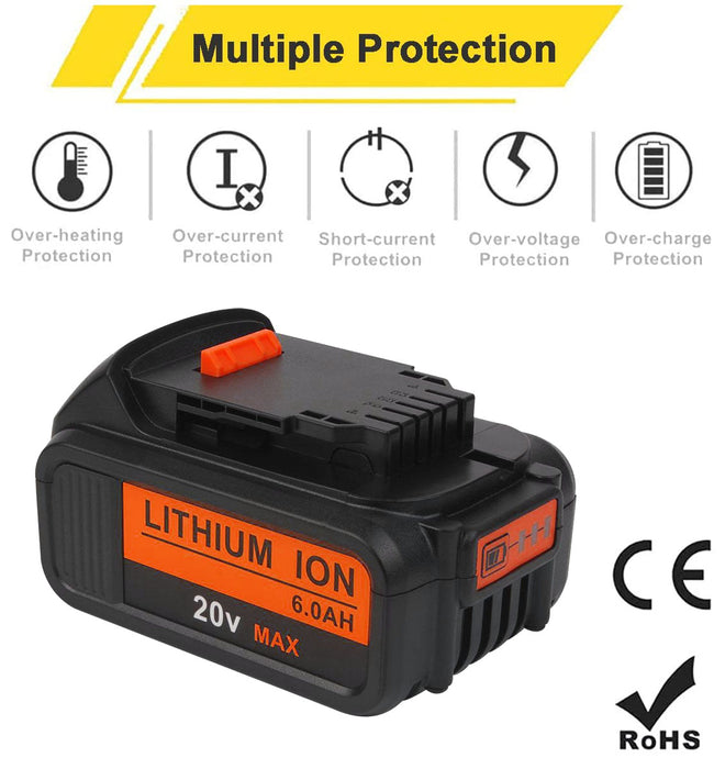 For DeWalt 20V MAX Battery | DCB200 6.0Ah LI-ION Battery 2 Pack with DCB112 Charger For DeWalt 20V Battery Charger | Replace DCB112 DCB107 DCB105