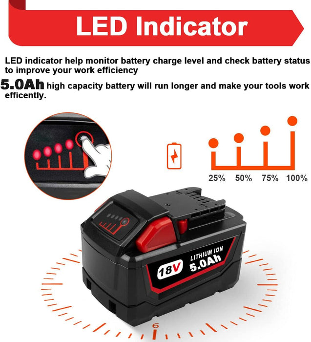 For Milwaukee 18V 5.0Ah XC LITHIUM Replacement Battery 2 Pack With Rapid Charger For Milwaukee M18 & M12 Battery