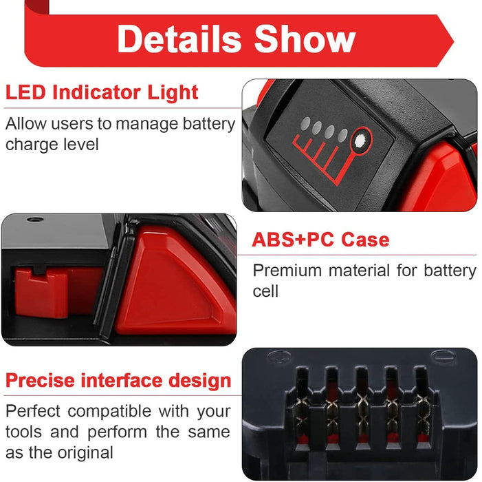 For Milwaukee 18V 5.0Ah XC LITHIUM Replacement Battery 2 Pack With Rapid Charger For Milwaukee M18 & M12 Battery