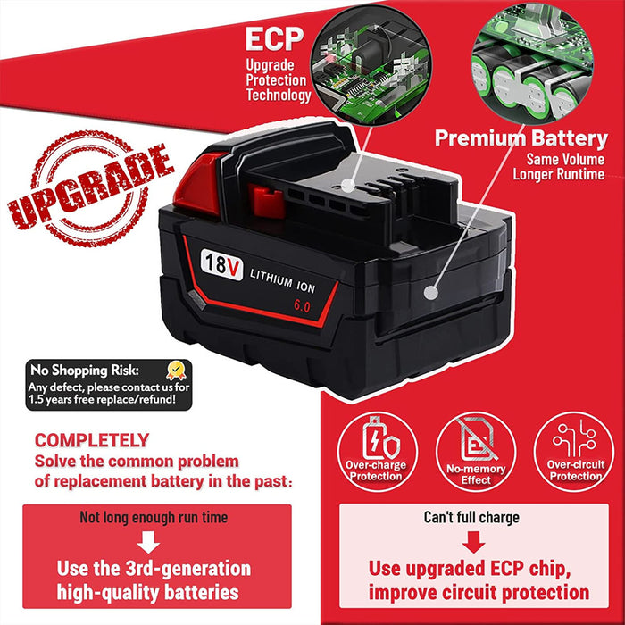 6.0Ah For Milwaukee M18 Battery Replacement | 18V 6.0Ah Li-ion Battery 8 Pack