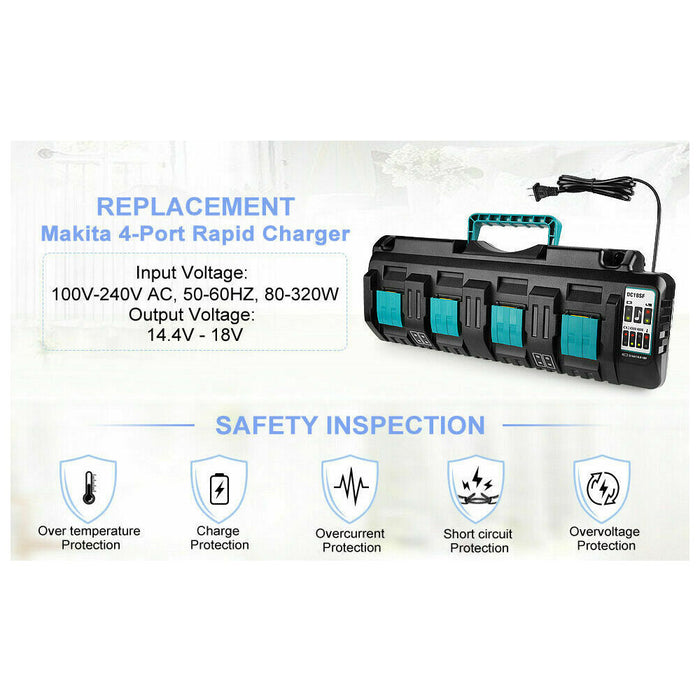 4-Port 18V Lithium-Ion Charger DC18SF for Makita 14.4V-18V Lithium Battery BL1840 BL1850 BL1860 | Replace Makita DC18SF DC18RC Rapid Charger