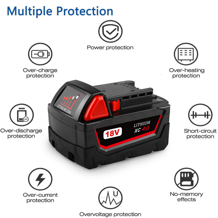 For Milwaukee M18 Battery Replacement | 18V XC 4.0Ah Li-Ion Battery 4 Pack