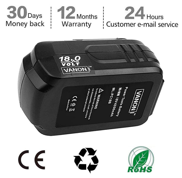 For Porter Cable 18V Battery Replacement | PC18B PCC489N PC188 PCMVC PCXMVC NI-MH 4.8Ah Battery 2 Pack